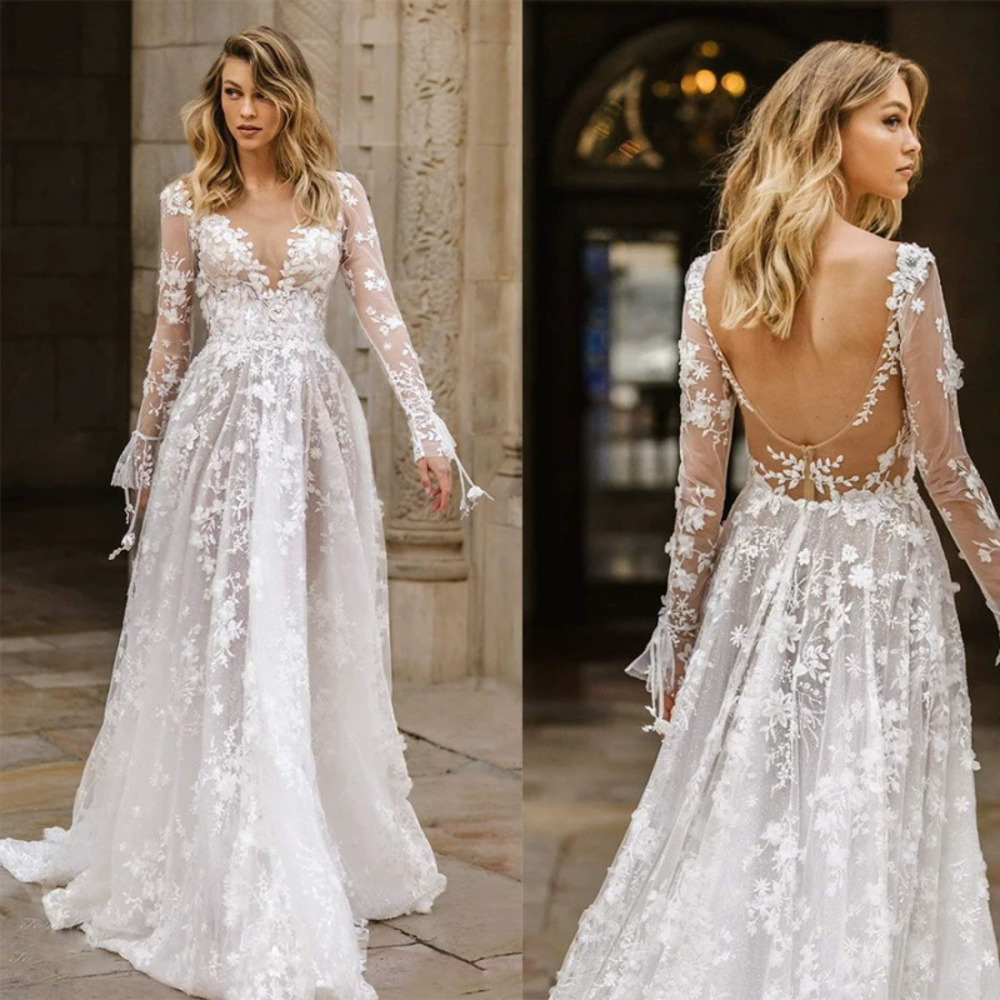ZARA Sexy Lace Long Sleeve Wedding Dress Evening Gown In Stock